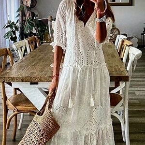 White Lace Eyelet Dress Long Maxi Women's XL - Picture 2 of 12 White Lace Eyele